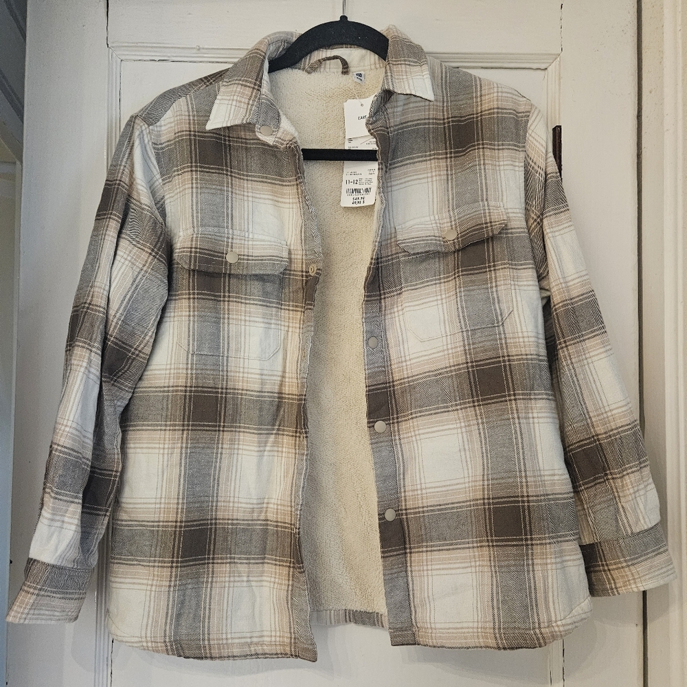 UNIQLO Kids Pile Lined Flannel Shirt Jacket Beige 11-12 Fleece Shacket NWT
